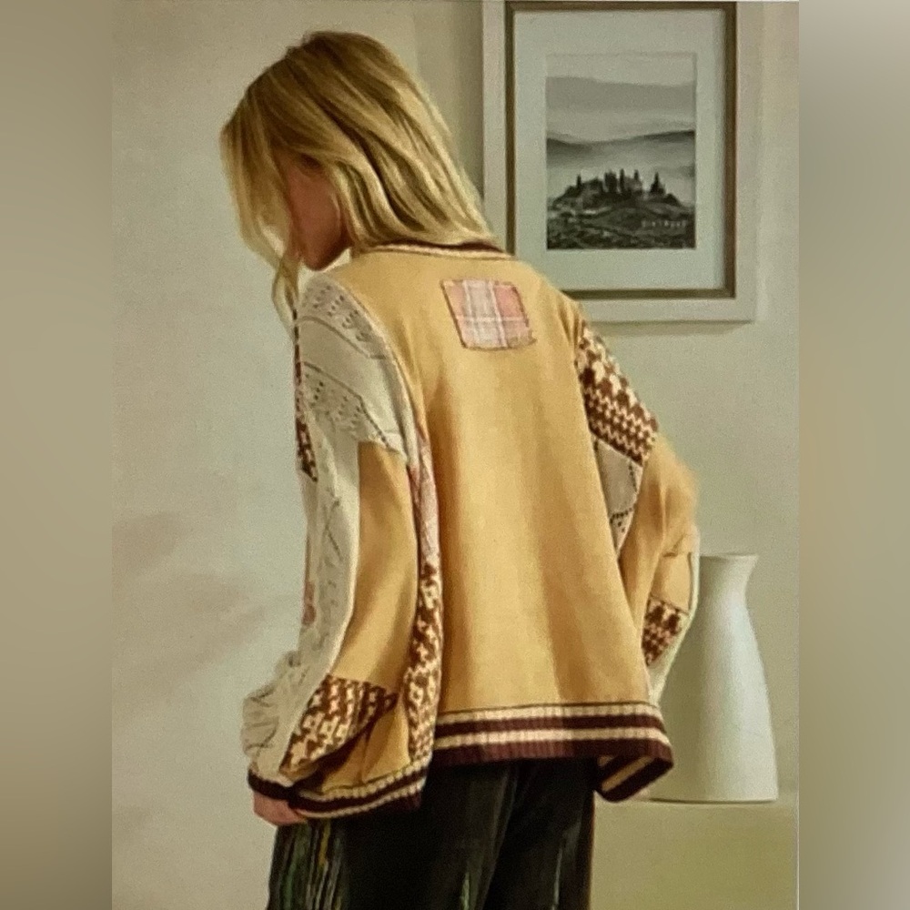 Oli & Hali Mixed Media Oversized Patchwork Cable-Knit Sweater - Mustard - Picture 5 of 5